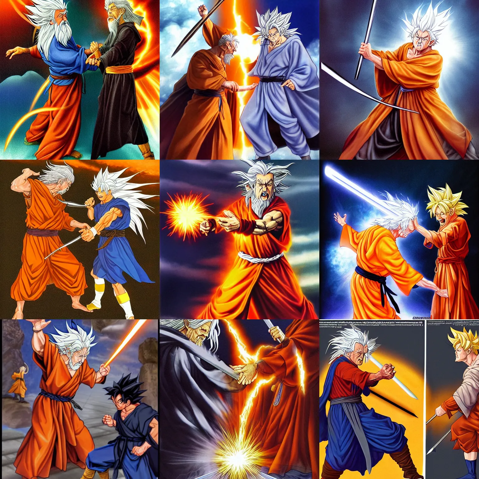 Prompt: Gandalf (LoTR, old man with staff in robes) vs Goku (super sayan, blond hair, young, muscular, in orange clothes) fight, by Greg Hildebrandt