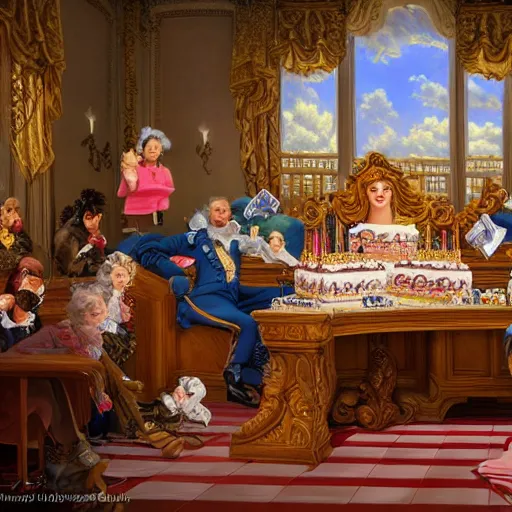 Prompt: lawyer eating a big birthday cake in a courtroom, realistic, regal, refined, detailed digital art, michael cheval, walt disney ( 1 9 3 7 ), francois boucher, oil painting, steampunk, highly detailed, cinematic lighting, unreal engine, 8 k