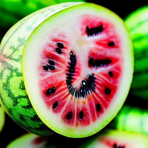 Image similar to a kiwi fruit merged with a watermelon! Ultra realistic! 25mm f/1.7 ASPH Lens!