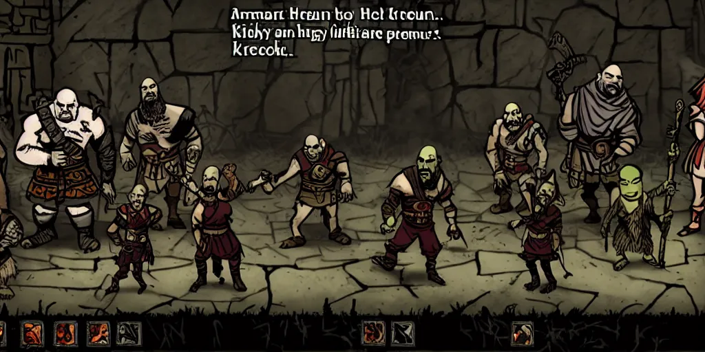 Image similar to shrek, donkey, aynami rei and kratos as characters in darkest dungeon, screenshot from the game, highly detailed, dark atmosphere