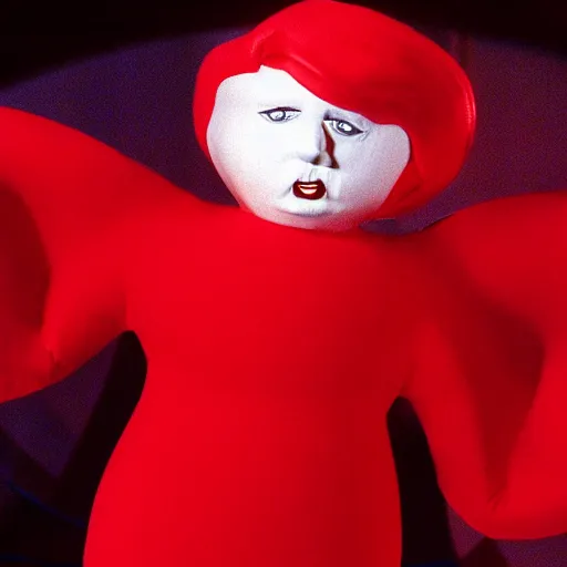 Image similar to donald trump as an inflatable doll in a red dress, film still, curved body, high quality, 8 k