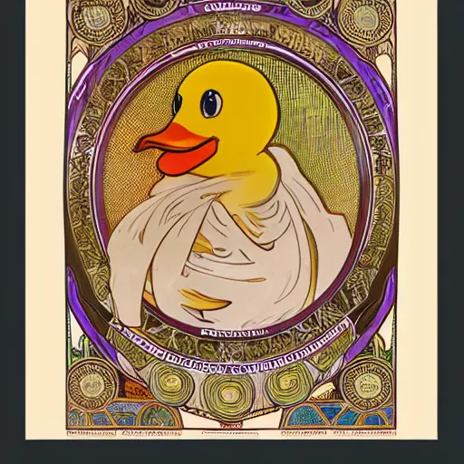 Image similar to a matte portrait of a highly decorated rubber duck with a dreamy expression, highly detailed, illustration by alphonse mucha