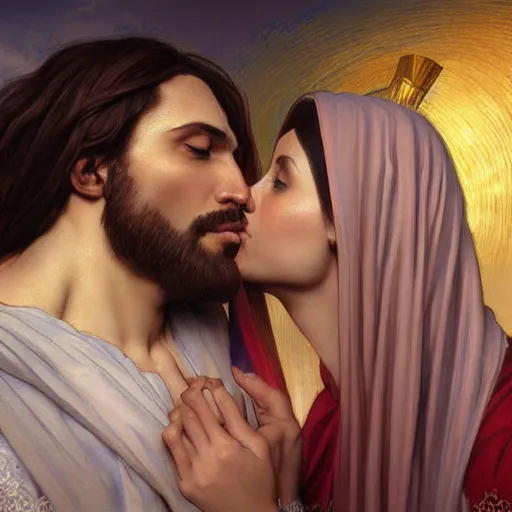 Image similar to jesus kissing a sensual woman in jerusalem, elegant, highly detailed, digital painting, artstation, concept art, matte, sharp focus, highly detailed, 4 k, hdr, smooth, sharp focus, high resolution, award - winning photo, photorealistic, art by artgerm and greg rutkowski and alphonse mucha, large shot