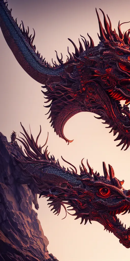 Image similar to a beautiful obverse portrait render of a single huge chinese dragon, mechanical, metal, fine texture structure, hyper detailed, perfect shadows, atmospheric lighting, 3 d render, the style of pascal blanche and sparth juan zigor samaniego, paul pepera pablo roldan, victo ngai, denoise, from china, 4 k hd