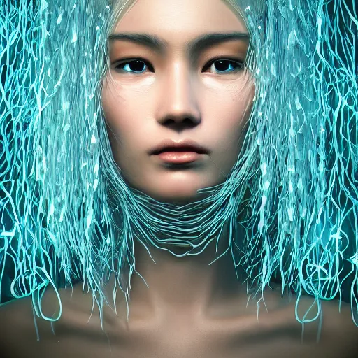 Prompt: intricate highly detailed face portrait of asian - european woman, light blue water vines on her face, intricate, cgsociety, unreal engine, octane render, sharp focus, smooth, volumetric lighting, cinematic composition, artstation