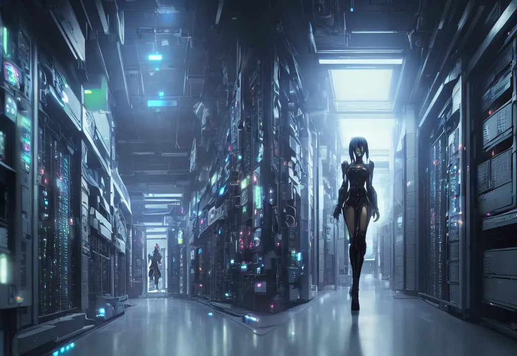 Prompt: shot of film by cyberpunk syle cyborg walking in server room in datacenter, character design, very detailed cinematic, anime, by yoichi hatakenaka, by masamune shirow, by josan gonzales, digital art, octane render 8 k, beautiful composition, trending on artstation, award - winning photograph, masterpiece