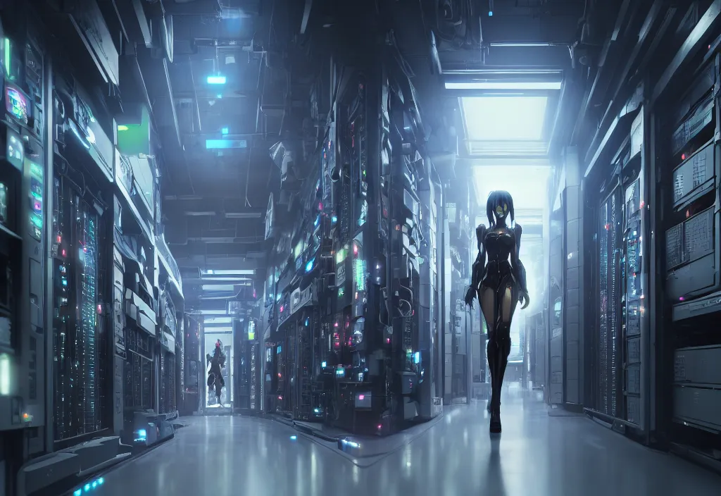 Image similar to shot of film by cyberpunk syle cyborg walking in server room in datacenter, character design, very detailed cinematic, anime, by yoichi hatakenaka, by masamune shirow, by josan gonzales, digital art, octane render 8 k, beautiful composition, trending on artstation, award - winning photograph, masterpiece