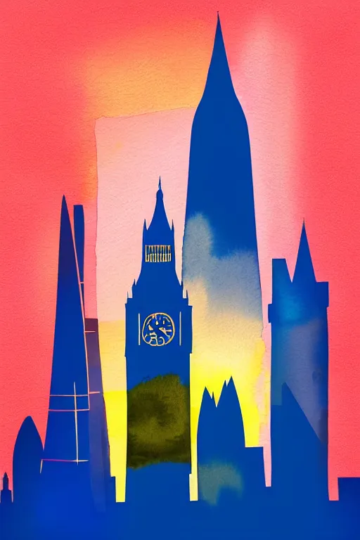 Image similar to minimalist watercolor art of london skyline at sunset, illustration, vector art