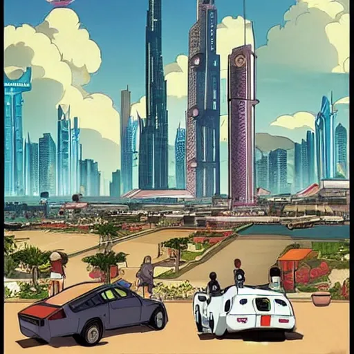 Image similar to gta : dubai, by studio ghibli