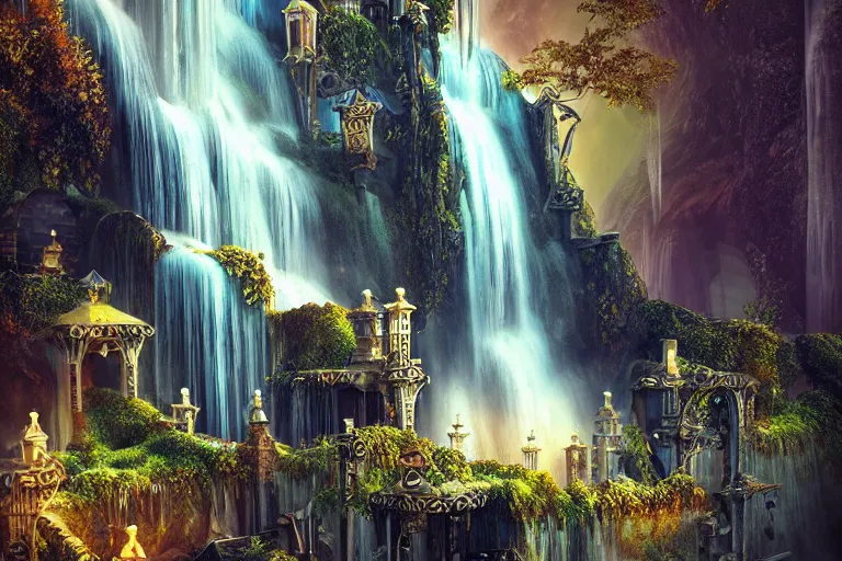 Image similar to elegance, futuristic waterfall favela graveyard honeycomb hive, art nouveau environment, magma, industrial factory, award winning art, epic dreamlike fantasy landscape, ultra realistic,