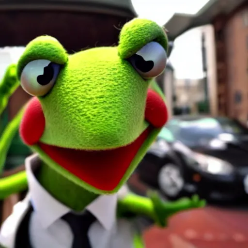 Image similar to kermit the frog accidentally takes a selfie while dropping his phone