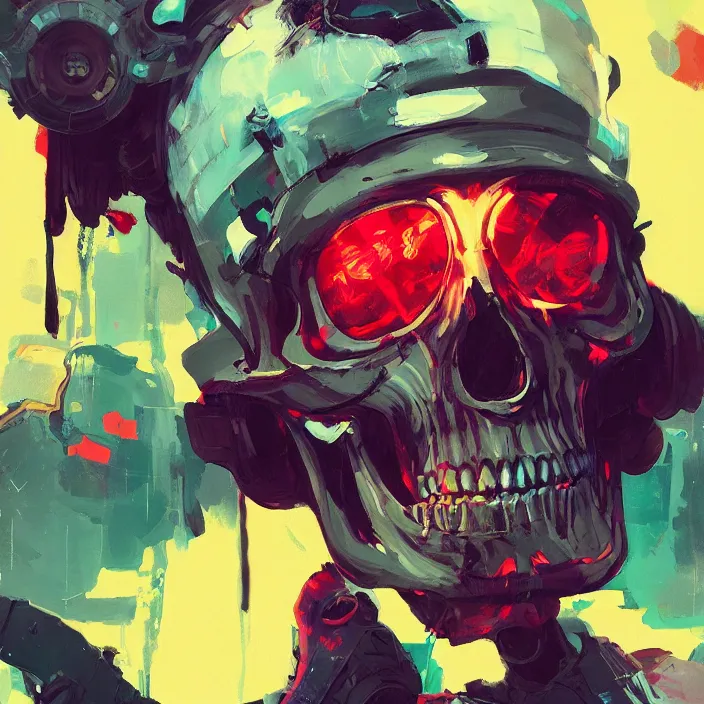 Prompt: a colorful comic noir illustration painting of a cyberpunk skull by sachin teng and sergey kolesov and ruan jia and heng z. graffiti art, sci fi, hyper detailed. octane render. trending on artstation