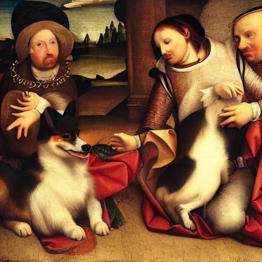 Image similar to happy corgi dog, renaissance art style