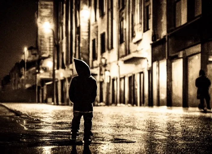 Image similar to boy from the back with a black hoodie, there is an angel in the sky, empty city street at night, heavy rain, cars parked, dramatic lighting, cinematic, establishing shot, extremly high detail, photorealistic, cinematic lighting, post processed