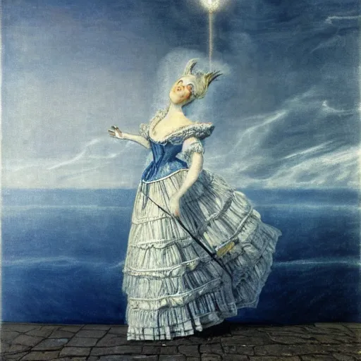 Image similar to Marie Antoinette levitating over the sea. El Greco, Remedios Varo, Salvador Dali, Carl Gustav Carus, John Atkinson Grimshaw. Blue tint. Symetrical, logo, geometric shapes, high detail, great lighting, 8k resolution, masterpiece, concept art, illustration