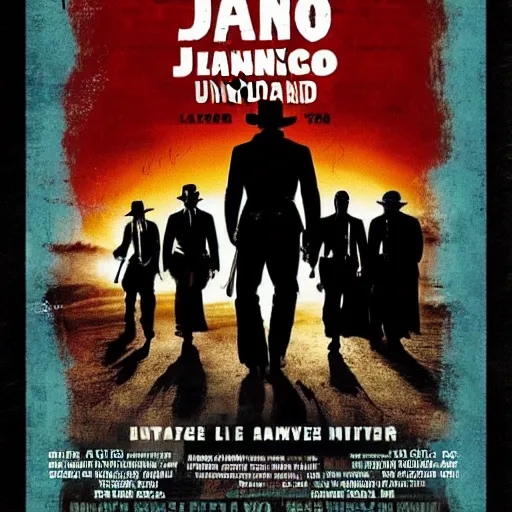 Prompt: a new movie poster for django unchained with the text djando unchained