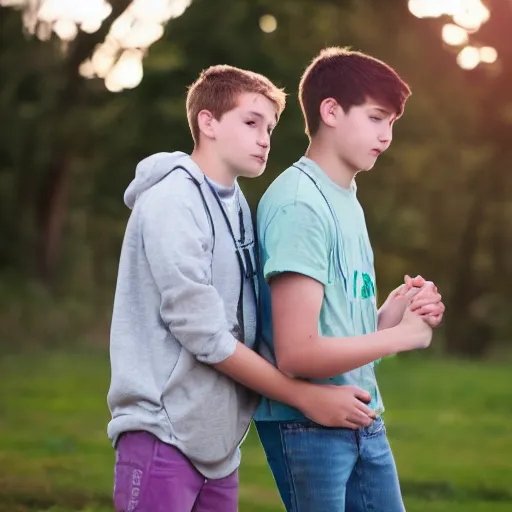 Image similar to Photograph of two teenage boys in love, holding hand, sigma 85mm