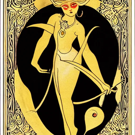 Image similar to a devil little girl, black and gold, art nouveau style