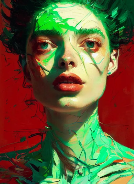 Image similar to portrait of yael shelbia, sensual, ecstatic, dancing, shades green and red, beautiful face, rule of thirds, intricate outfit, spotlight, by greg rutkowski, by jeremy mann, by francoise nielly, by van gogh, digital painting