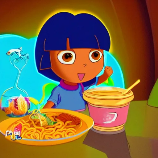 Prompt: Dora the explorer eating ramen noodles. cinematic, cartoon, detailed, under water, vegitation, psychedelic, dramatic lighting, trending on deviantart