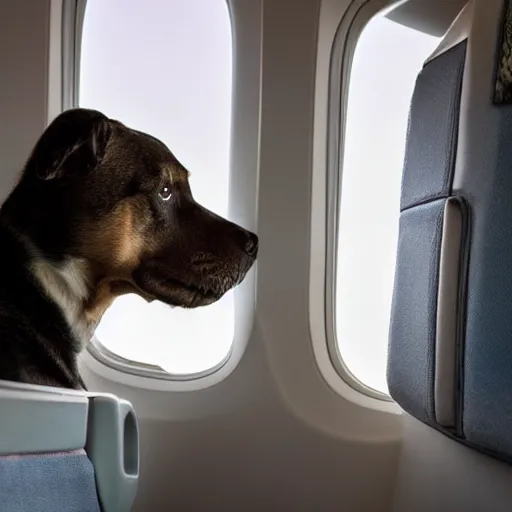 Prompt: photograph of row of airplane seats with a dog looking out the window and a cat sitting next to the dog, midday photograph, 4 k, award winning