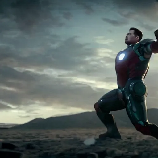 Image similar to obese rotund ironman lifting mjolnir, cinematic shot from the avengers movie