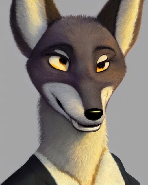 Image similar to oil painting of anthromorphic female wolf, in style of zootopia, female fursona, furry, furaffinity, 4 k, deviantart, furry art, fursona art, wearing black business suit, business suit, wolf fursona, female, very expressive detailed feminine face,