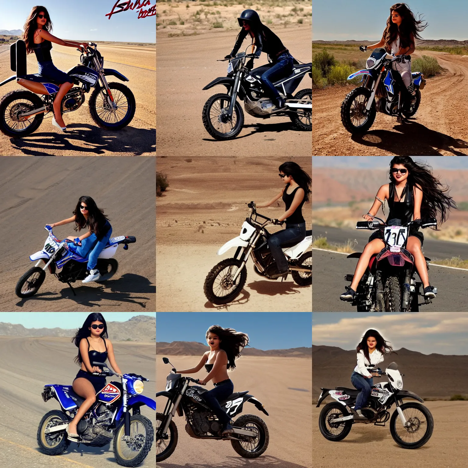 Prompt: photograph of selena gomez riding a black dirt bike on route 6 6