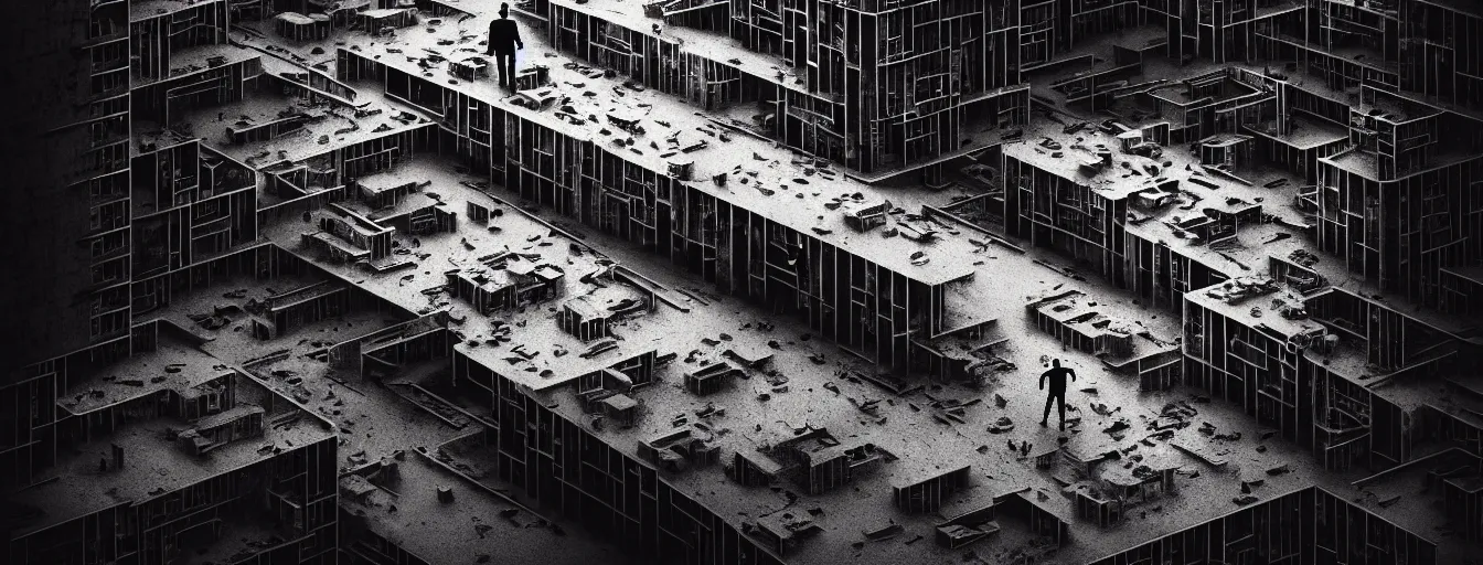 Image similar to abandoned city + a lone man + (((school of fish flying in the sky))) + (((habitat 67))), Mads Berg, Karolis Strautniekas, film noir, textured light, dramatic lighting,editorial illustration, detailed,fine texture, matte print, dark blue + dark orange, red, black, extreme perspective, volumetric light