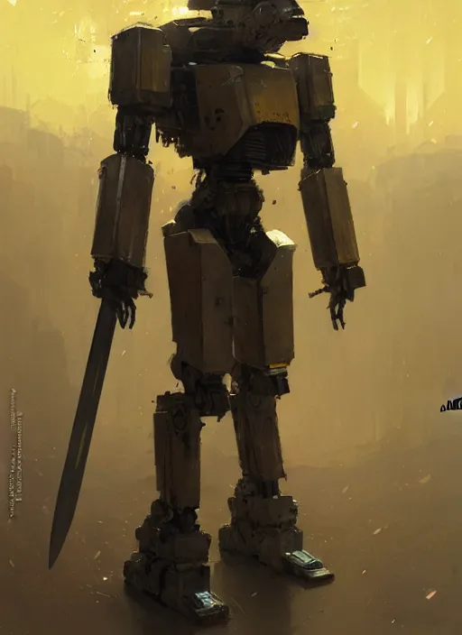 Prompt: human-sized strong intricate yellow pit droid carrying paladin medieval greatsword, pancake short large head painterly humanoid mecha, by Greg Rutkowski