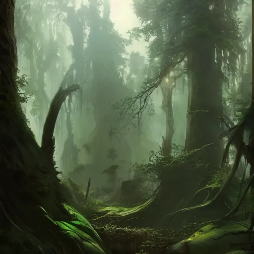 Prompt: a beautiful sci - fi illustration ， lush mysterious forest ， swampy ， fog ， trending on artstation ， highly detailed matte painting ， john singer sargent
