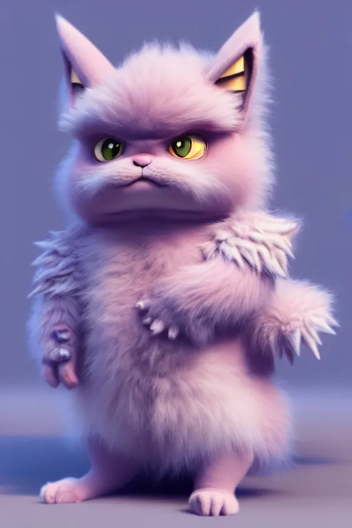 Prompt: high quality 3 d render hyperrealist very cute pastel fluffy! grumpy gargoyle cat hybrid, cyber - medieval armor, vray smooth, in the style of detective pikachu, hannah yata charlie immer, dramatic pink light, low angle, uhd 8 k, sharp focus