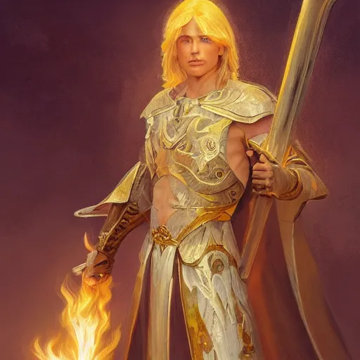 Prompt: portrait of an aasimar paladin blond young man with amber eyes wielding his flaming blade, he has angelical wings strong, sofisticated, fantasy, highly detailed, digital painting, artstation, concept art, character art, art by greg rutkowski and tyler jacobson and alphonse mucha