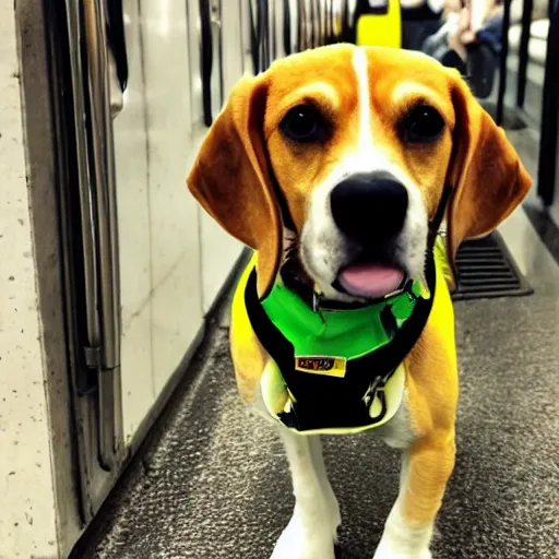 Image similar to bright yellow beagle in a subway