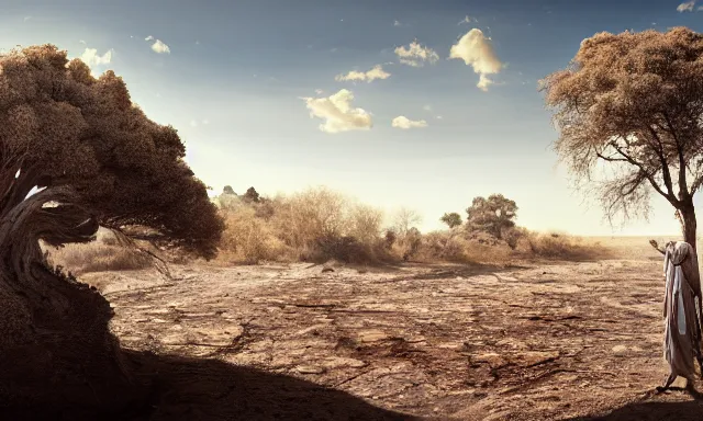 Image similar to medium shot of a crying ancient dried up Danu, peaceful, facing the camera and standing in front of a dried up river in a desolate land, dead trees, blue sky, hot and sunny, highly-detailed, elegant, dramatic lighting, artstation, 4k, cinematic landscape, photograph by Elisabeth Gadd