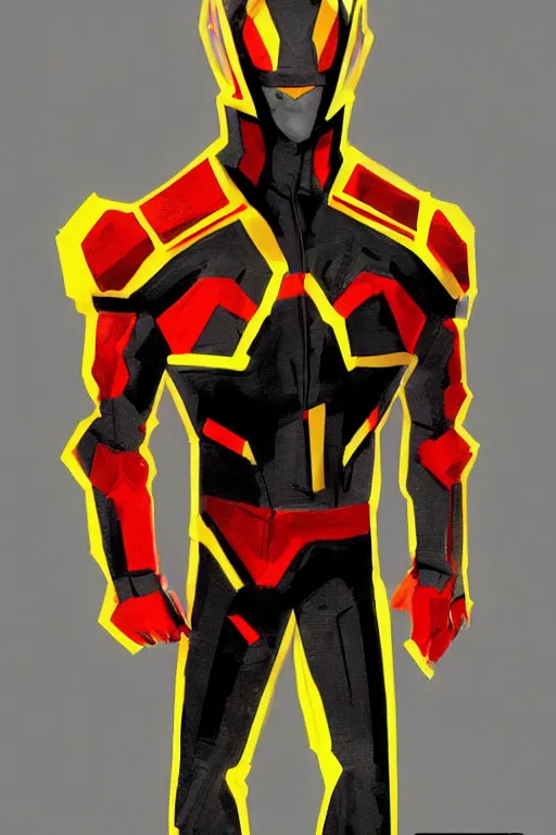 Image similar to a full body portrait of a hero concept he is wearing a yellow, red and black suit, concept art, trending on artstation, very detailed,