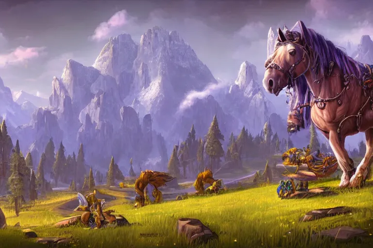 Image similar to world of warcraft environment with trees and a platform in the center, rocky mountains and a river, horses in the foreground, beautiful, concept