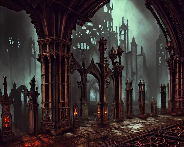 Image similar to steam necropolis, memento mori, gothic, neo - gothic, art nouveau, hyperdetailed copper patina medieval icon, stefan morrell, philippe druillet, ralph mcquarrie, concept art, steampunk, unreal engine, detailed intricate environment, octane render, moody atmospherics, volumetric lighting, ultrasharp, ominous, otherworldly