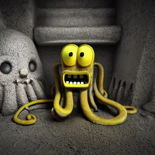 Prompt: ominous spongebob staring into your soul with realistic, slimy, tentacles in background, scary, rendered in blender, horror, gloomy, dark, terrifying, terror, frightful, super detailed octane render,