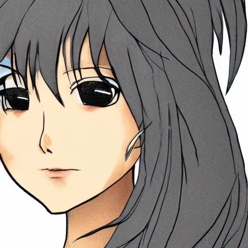 Image similar to young woman with long wavy light silver hair, with blackness instead of eyes, anime