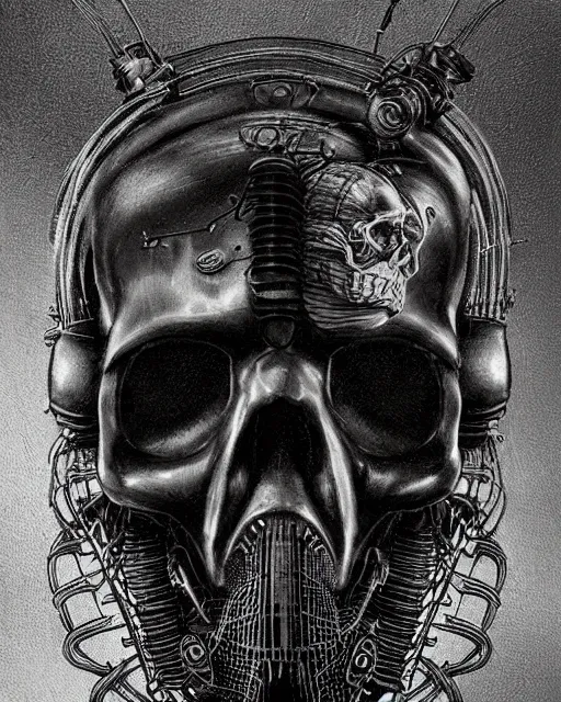 Prompt: dark scary atmospheric detailed outsider cyberpunk dark black skull with mechanical wires and smoke from the netherrealm wearing a gas mask by hr giger and alex grey