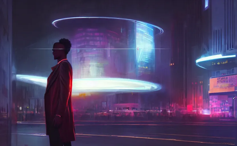 Image similar to handsome black genius infiltrating the metaverse, cinematic and dramatic, curved translucent holographic displays, urban atmosphere, cmyk glowing lights, highly detailed, digital painting, artstation, concept art, smooth, sharp focus, illustration, art by wlop, mars ravelo and greg rutkowski