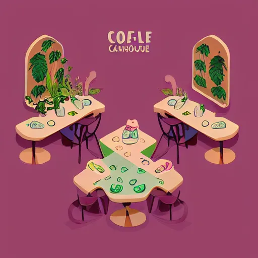 Image similar to isometric cute cartoon illustration style cafe australian, decorated with only cute detailed cannabis leaves in two ceramic pots, tables, utopian simple frontage, 2 cute characters, cute poster, beautiful composition pastel palette by will barnet, digital art, hyperrealistic soft, inked digital, render fun cartoon