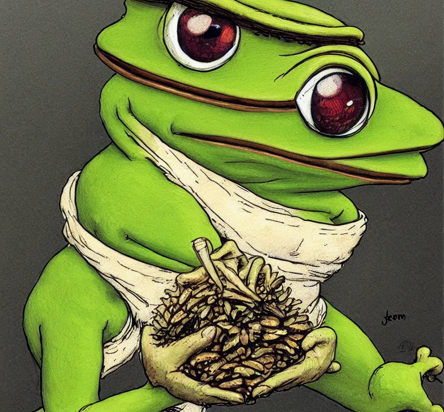 Prompt: pepe the frog in business suet, by jean baptiste monge, acrilic paint