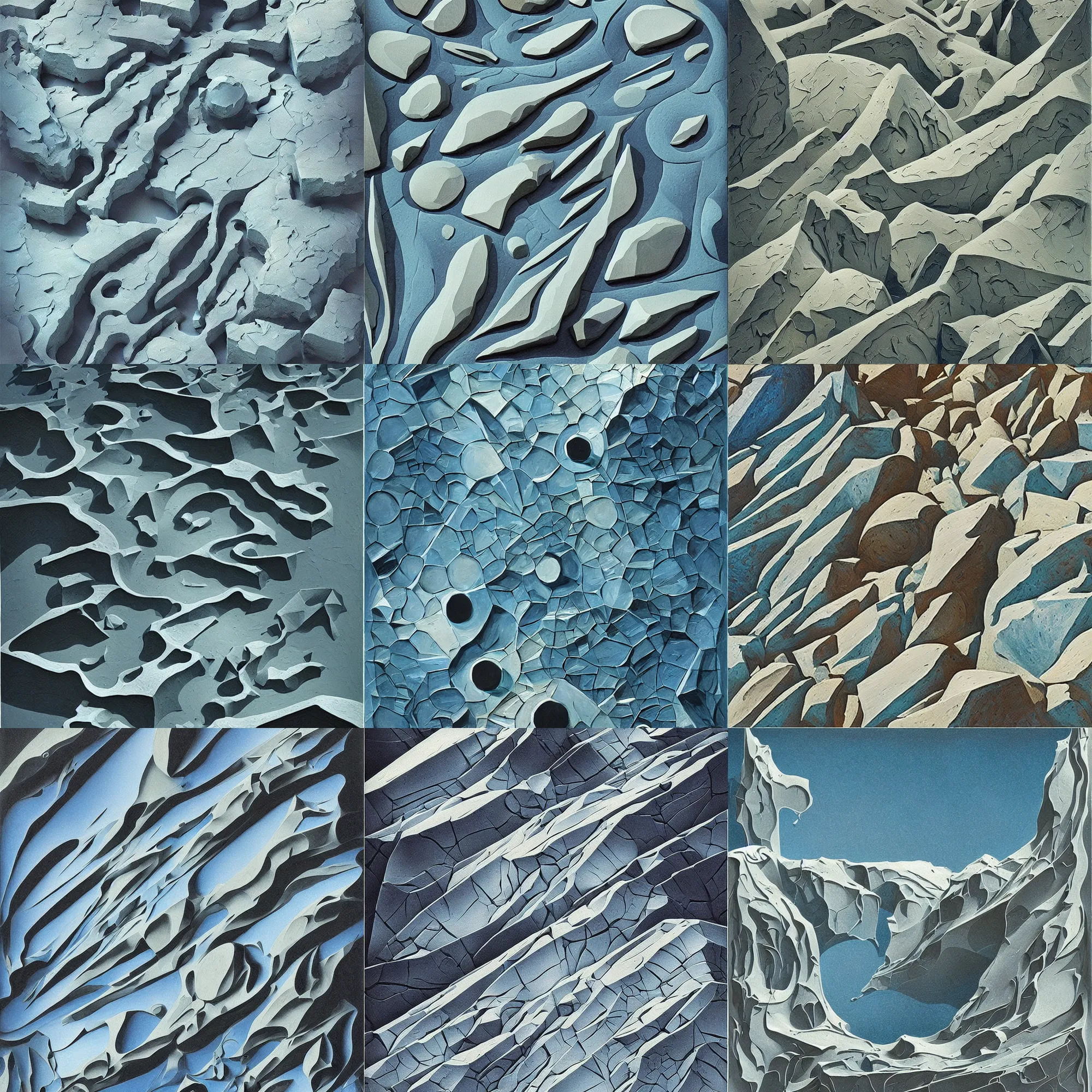 Prompt: Pour painting art, Abstract art, variety of shapes and textures, plastic, stone, wood, ice, intricate, elegant, highly detailed, smooth, sharp focus, Art by Chesley Bonestell