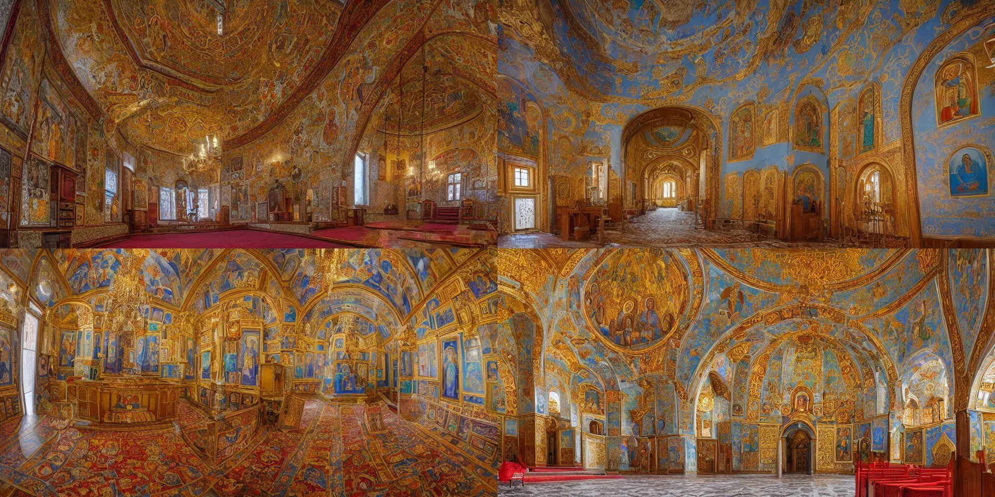 Prompt: gloomy photo of orthodox church interiors with walls painted in khokhloma style, wide angle, 8k resolution, detailed, very beautiful