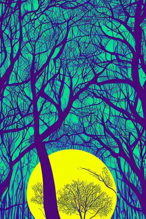 Image similar to close up portrait of the full big moon in a forest, colorful vector graphic, .eps, .ai, Adobe Illustrator, clear lines and clear shapes, intricate, 8k highly professionally detailed, HDR, CGsociety