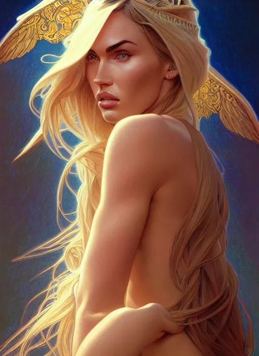 Image similar to portrait of megan fox as an blonde angel, wings, bible, intricate, headshot, highly detailed, digital painting, artstation, concept art, sharp focus, cinematic lighting, illustration, art by artgerm and greg rutkowski, alphonse mucha, cgsociety