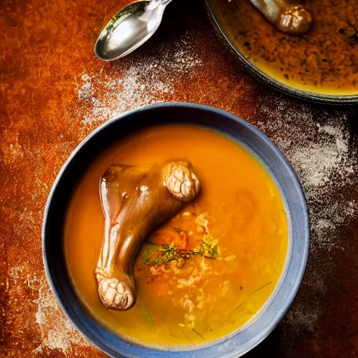 Prompt: michelin star food photography of a cooked dogs head floating in a bowl of soup