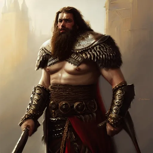 Image similar to portrait of a formal noble! barbarian giant, imperial royal elegant clothing, elegant, rule of thirds, extremely detailed, striking, beautiful, artstation, concept art, matte, digital painting, sharp focus, art by greg rutkowski, cover by artgerm